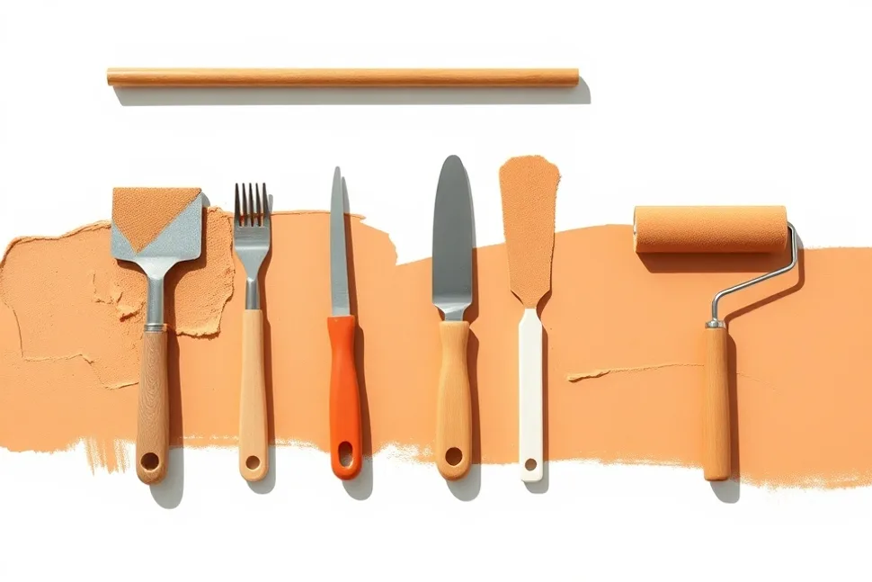Outils de peinture disposés dans l'ordre des étapes du chantier