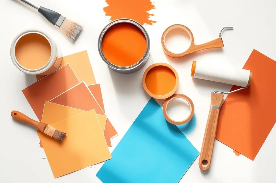 Pots de peinture, nuancier, brosses et rouleaux disposés à plat