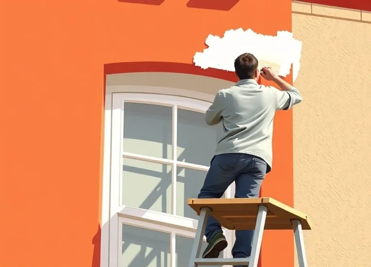 Peintre sur échafaudage traitant la façade d'une maison