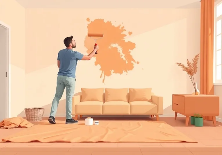 Peintre appliquant la peinture au rouleau sur un mur de salon